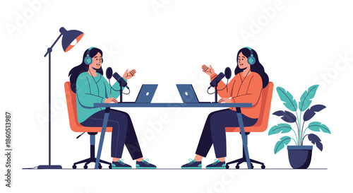 Two women hosting a podcast or radio show, talking into microphones with laptops, symbolizing communication.
