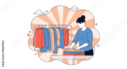Woman folding laundry near a clothing rack, symbolizing household chores, organization, and daily routine.