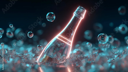 Festive Champagne Bottle with Neon Glow, Celebration and Luxury Drink Visualization, Digital Art for Holiday Marketing
