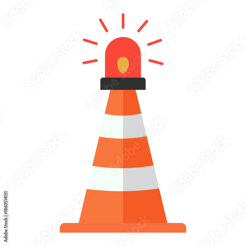 simple flat vector icon of a traffic cone with a flashing warning light ,illustration of a safety pylon with a beacon for road work and emergencies