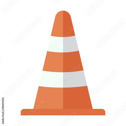 simple flat vector icon of an orange and white striped traffic cone, illustration of a safety pylon for road work and construction warnings