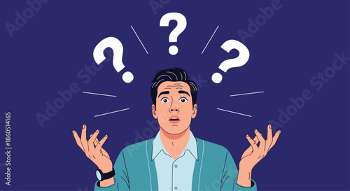 Confused man shrugging with question marks above his head, symbolizing doubt, uncertainty, and seeking answers.