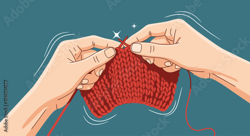Hands knitting red yarn, symbolizing hobby, creativity, craft, and a relaxing activity.