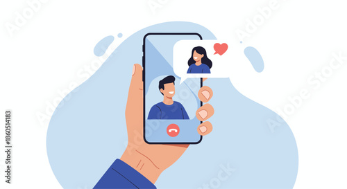 Hand holding a smartphone displaying a video call with a man and woman with heart icon, symbolizing online dating.
