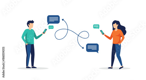 Man and woman engaged in mobile communication, holding smartphones with chat bubbles connected by a wavy line symbolizing online interaction.