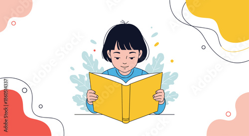 Cheerful young girl happily reads a large yellow book, engrossed in a story, surrounded by abstract shapes and foliage, promoting childhood literacy.