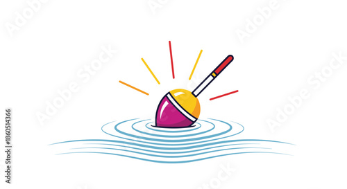 Colorful fishing float bobs on the water surface creating ripples and vibrant rays symbolizing a relaxing hobby and outdoor activity.