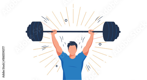 Strong man lifts a heavy barbell over his head with determination, surrounded by energetic rays symbolizing immense strength and physical achievement.