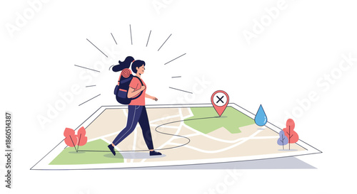 Adventurous woman with a backpack walks confidently along a dotted path on a large map towards a destination pin symbolizing travel and exploration.