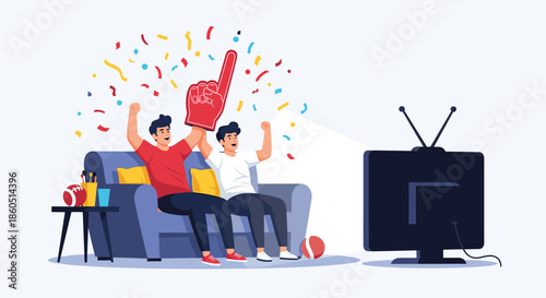 Two enthusiastic men celebrate excitedly on a couch watching sports on television with a foam finger and falling confetti symbolizing victory.