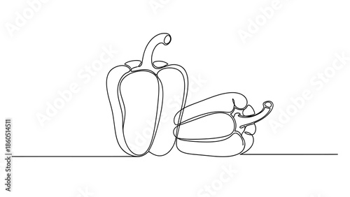 Continuous line drawing of two bell peppers on a white background.
