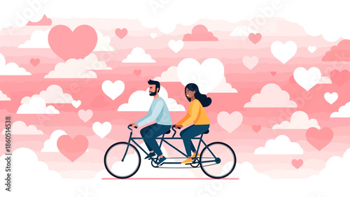 Couple riding a tandem bicycle together surrounded by pink clouds and hearts