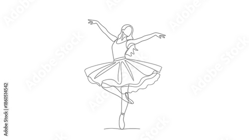 Continuous line drawing of a ballet dancer in a tutu, standing on one leg.
