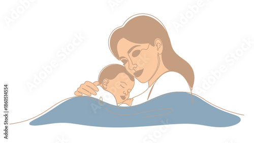 Mother gently holding and kissing her sleeping newborn baby under a blanket