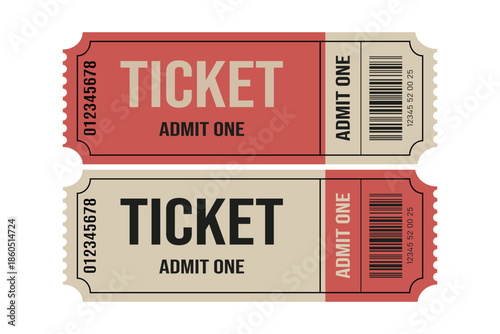 Two vintage style admission tickets, one red and one beige
