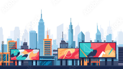 Cityscape with billboards and skyscrapers in a vibrant urban landscape setting
