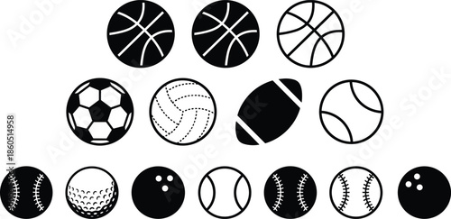 Sports, ball, icon, set, basketball, soccer, football, volleyball, tennis, baseball, golf, bowling, collection, for, athletic, games,