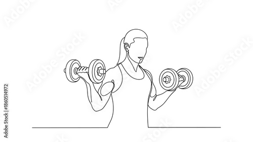 Woman lifting dumbbells in a continuous line drawing style on white background