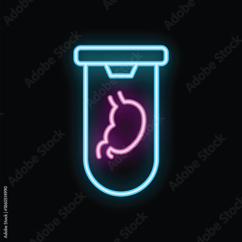 Neon icon of a human stomach glowing on black background, representing medical research and healthcare