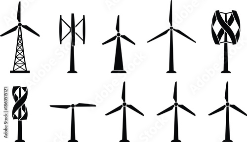 Wind, turbine, silhouette, set, renewable, energy, collection, power, generator, windmill, ecological, sustainable, technology, alternative, environment, electricity, farm, 