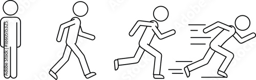 Set of human motion line icons showing the progression from standing to walking and running to sprinting for fitness and athletic tracking