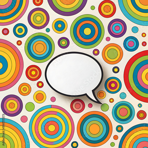 Colorful circles background with white blank speech bubble with black border