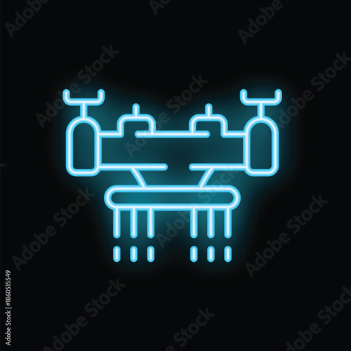 Blue neon icon of an agricultural drone spraying crops in a field, representing modern farming techniques