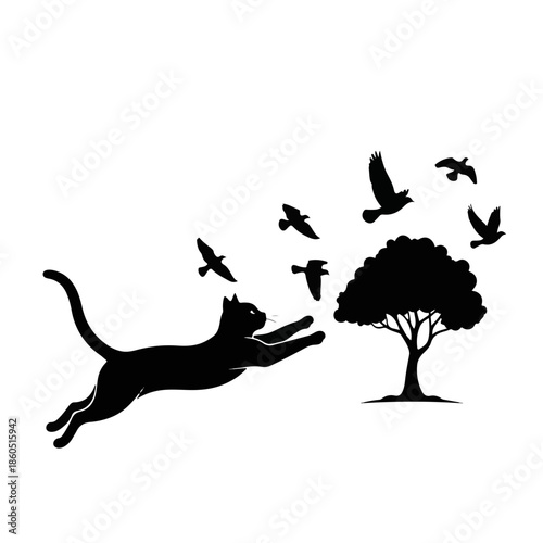 Black Cat Silhouette Leaping Towards Tree as Birds Fly Away, Dynamic Action