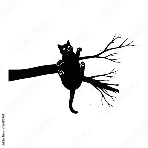 Black Cat Silhouette Climbing Tree Branch, Silhouette Illustration Vector