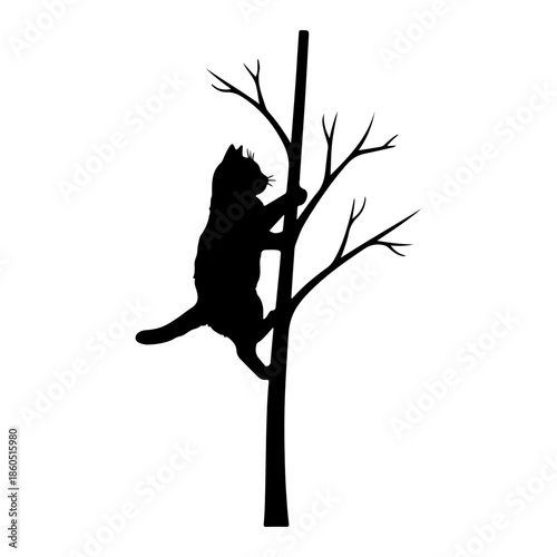 Black Cat Silhouette Climbing Tree Branch Against White Background