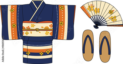 Traditional Japanese outfit illustration set, kimono geta fan accessories, cultural fashion sketch, festival attire icons, heritage design concept