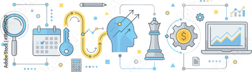 Business strategy illustration, planning workflow, analytics icons, decision-making tools, flat design, vector illustration, financial operations, innovation
