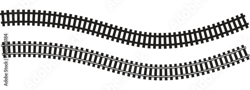 Curved railway tracks black silhouette train tracks. Railway tracks, isolated parts and details of rail road or transport vector illustration. 