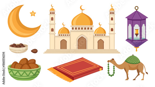 Vibrant Islamic Ramadan decorations with mosque and traditional symbols