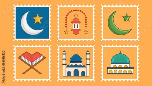 Vibrant Islamic symbols and mosque illustrations on stamps