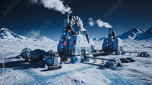 Futuristic Arctic Research Station in a Snowy, Frozen Mountain Landscape