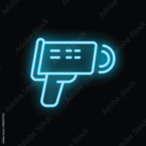 Blue neon icon of an electronic infrared thermometer measuring temperature on a black background