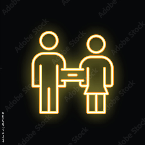 Neon icon of a man and a woman holding an equal sign between them, symbolizing gender equality
