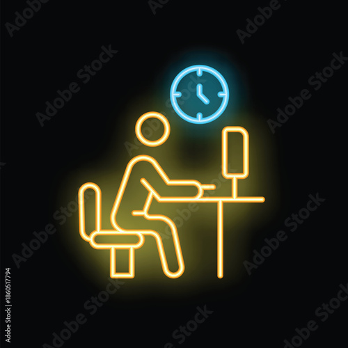 Neon sign icon of a businessman working overtime at his office desk with a clock above him