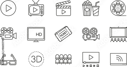 Collection of cinema and video production line icons featuring movie clapperboard film reel popcorn television ticket 3D glasses camera and theater seating symbols for media