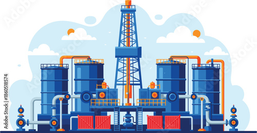 Industrial oil and gas drilling rig illustration with large blue storage tanks pipelines and derrick tower for energy production
