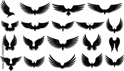 Set of black bird and angel wing silhouettes featuring various feather spread designs for heraldry tattoos logos mascots and decorative graphic design elements