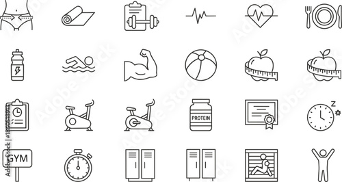 Set of fitness and wellness line icons featuring gym equipment healthy nutrition weight loss muscle building exercise routine and sports lifestyle symbols for web design