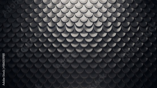 Dark metallic fish scale pattern background with dramatic lighting creating a textured and mysterious architectural surface