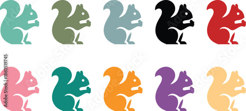 Collection of colorful squirrel silhouettes on white background, Squirrel icon collection silhouette style