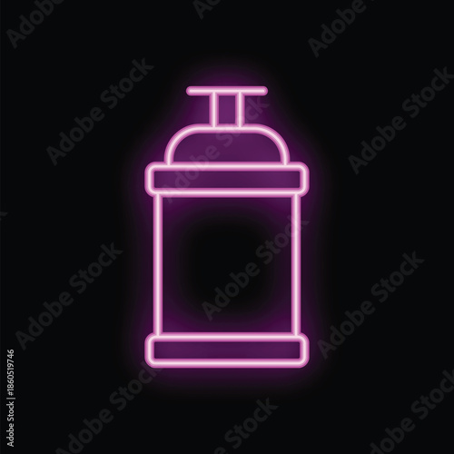 Bright pink neon spray paint can glowing on black background, concept for creativity and street art