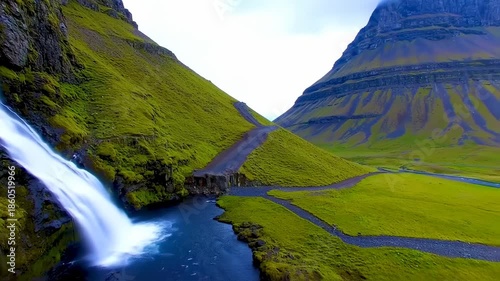 Waterfall and Lush Landscape in Iceland