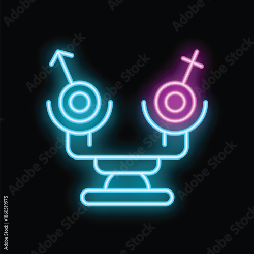 Neon icon symbolizing gender equality with a balance scale weighing male and female symbols