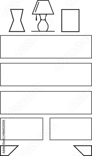 Detailed line art illustration of a contemporary dresser featuring various storage compartments and tabletop decor