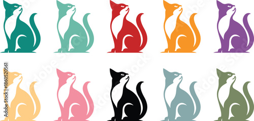 Colorful stylized cat icons looking upwards feline, Curious cat icon collection feline theme